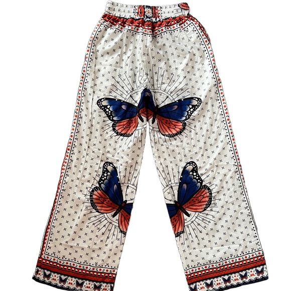 WHITE / ORANGE / PURPLE HIGH WAISTED WIDE LEG BOHO PALAZZO PANTS W/ BUTTERFLIES - Picture 7 of 10